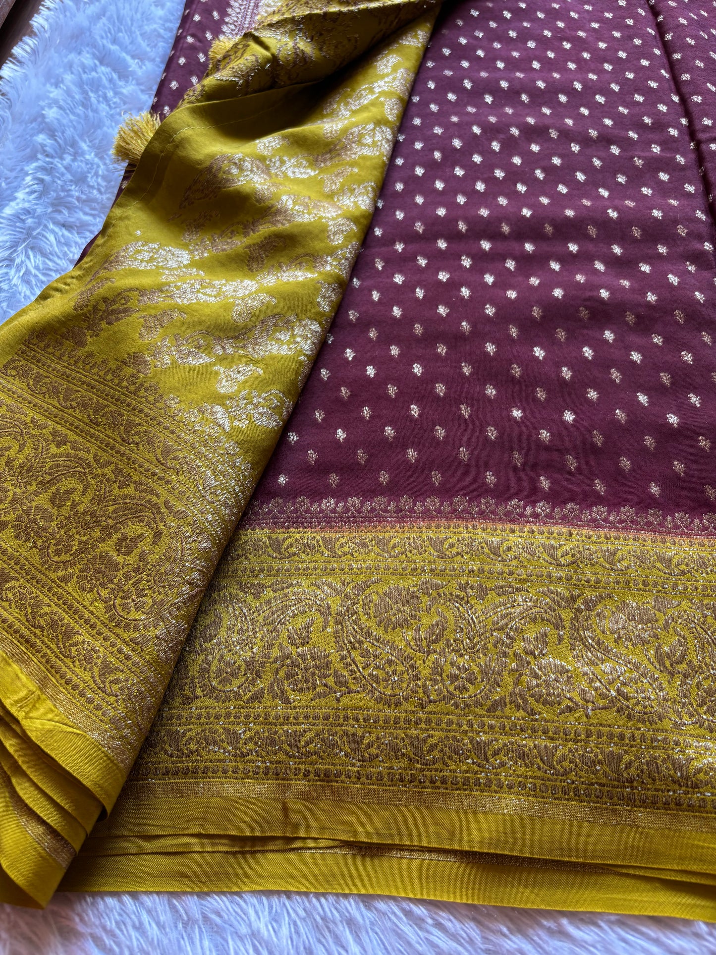 Soft Crepe Banarasi (2D) : Chocolate Brown-Yellow