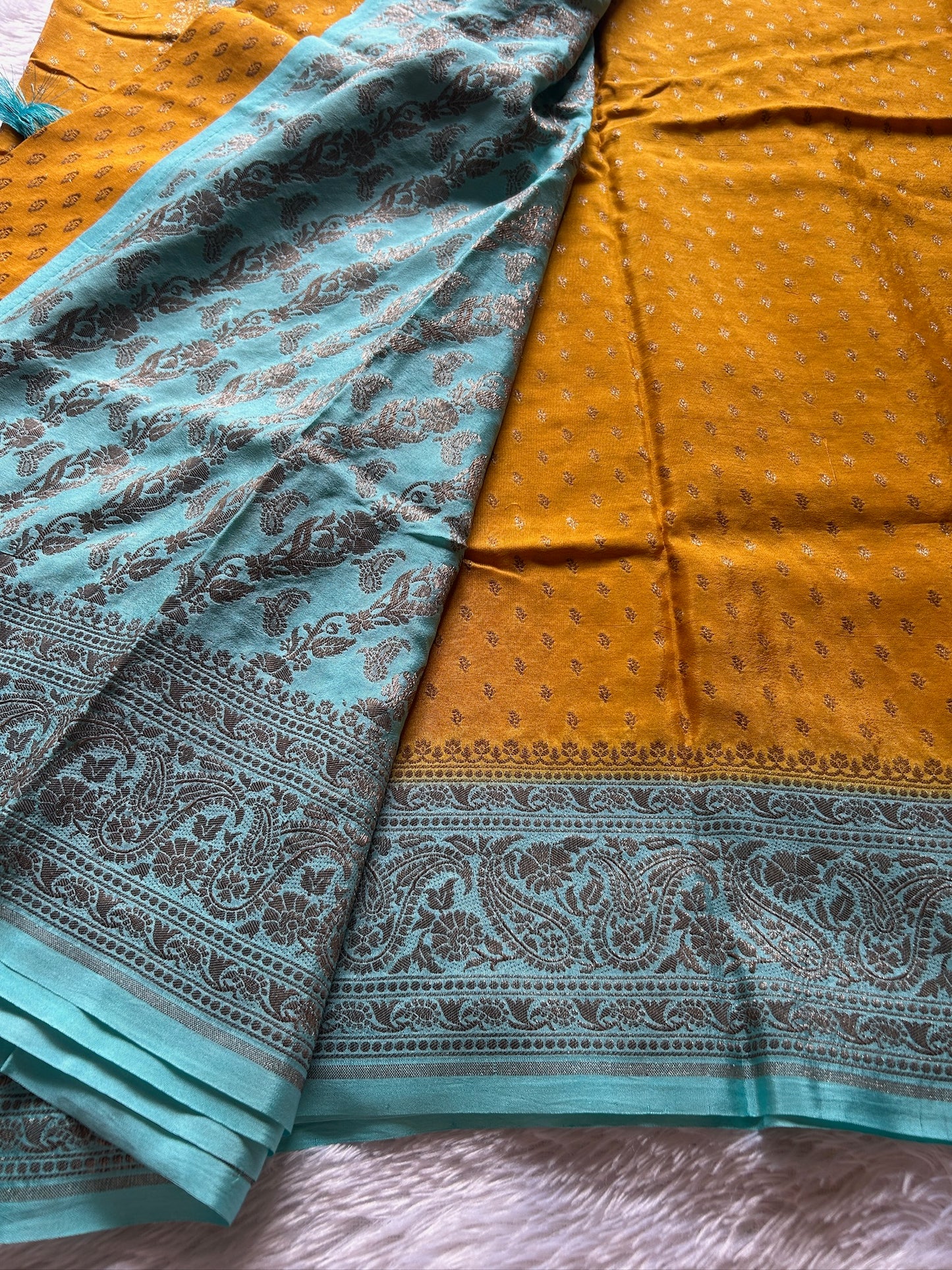 Soft Crepe Banarasi (2D) : Golden yellow - Light turquoise
