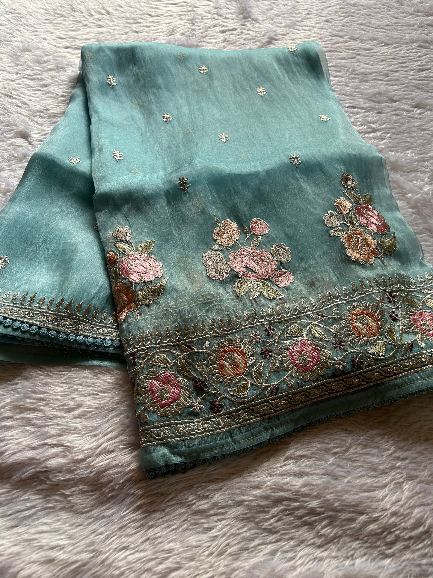 Semi tissue organza Embroidered - Sea blue