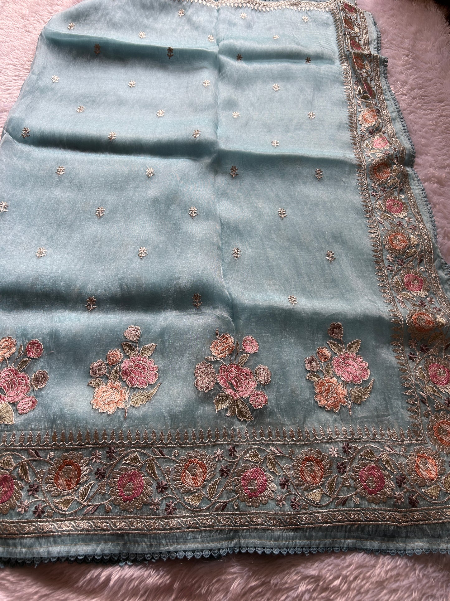 Semi tissue organza Embroidered - Sea blue