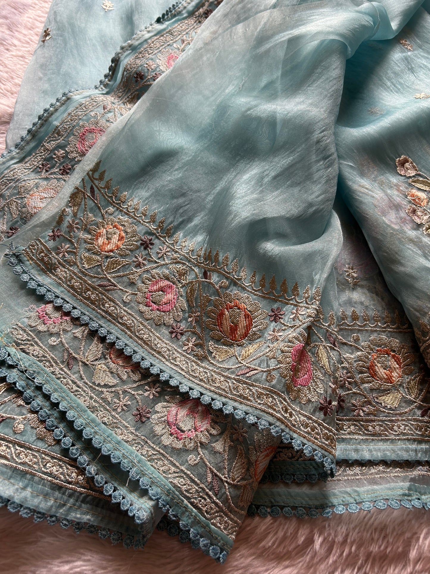 Semi tissue organza Embroidered - Sea blue