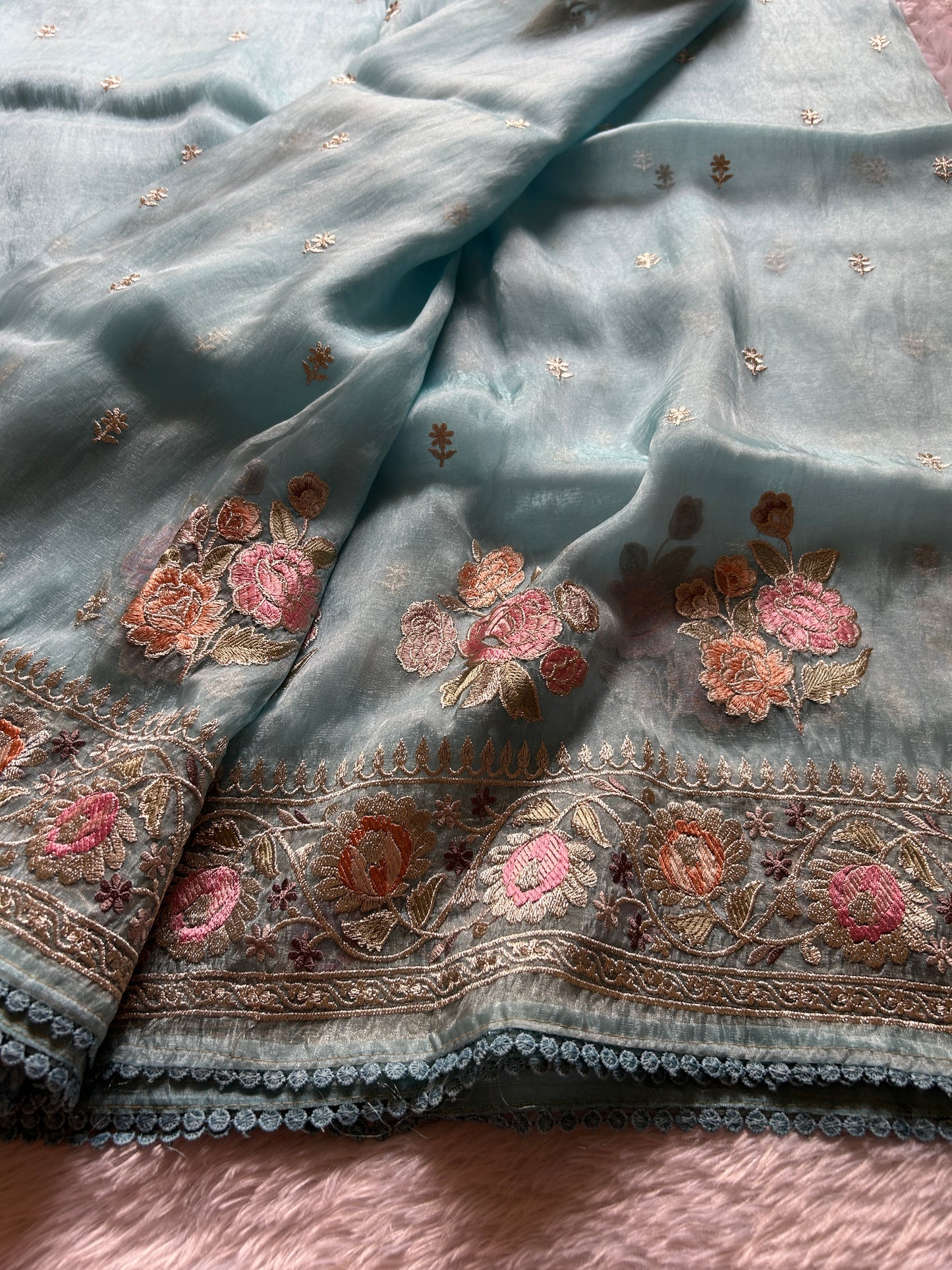 Semi tissue organza Embroidered - Sea blue