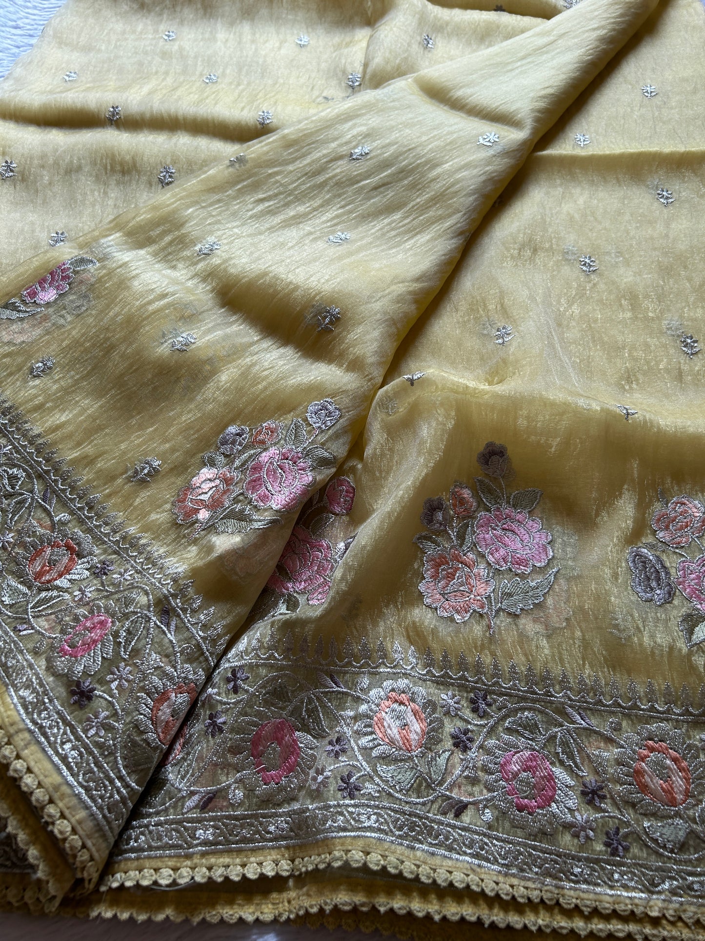 Semi tissue organza-Embroidered- Lemon yellow