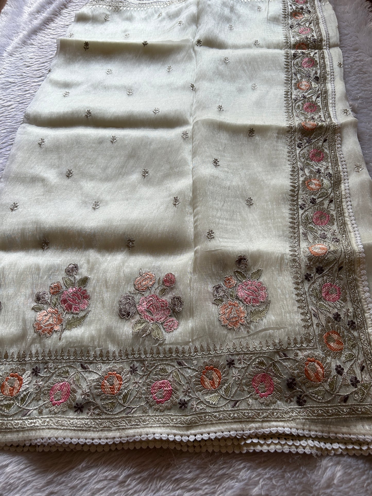 Semi tissue organza-Embroidered- Off white
