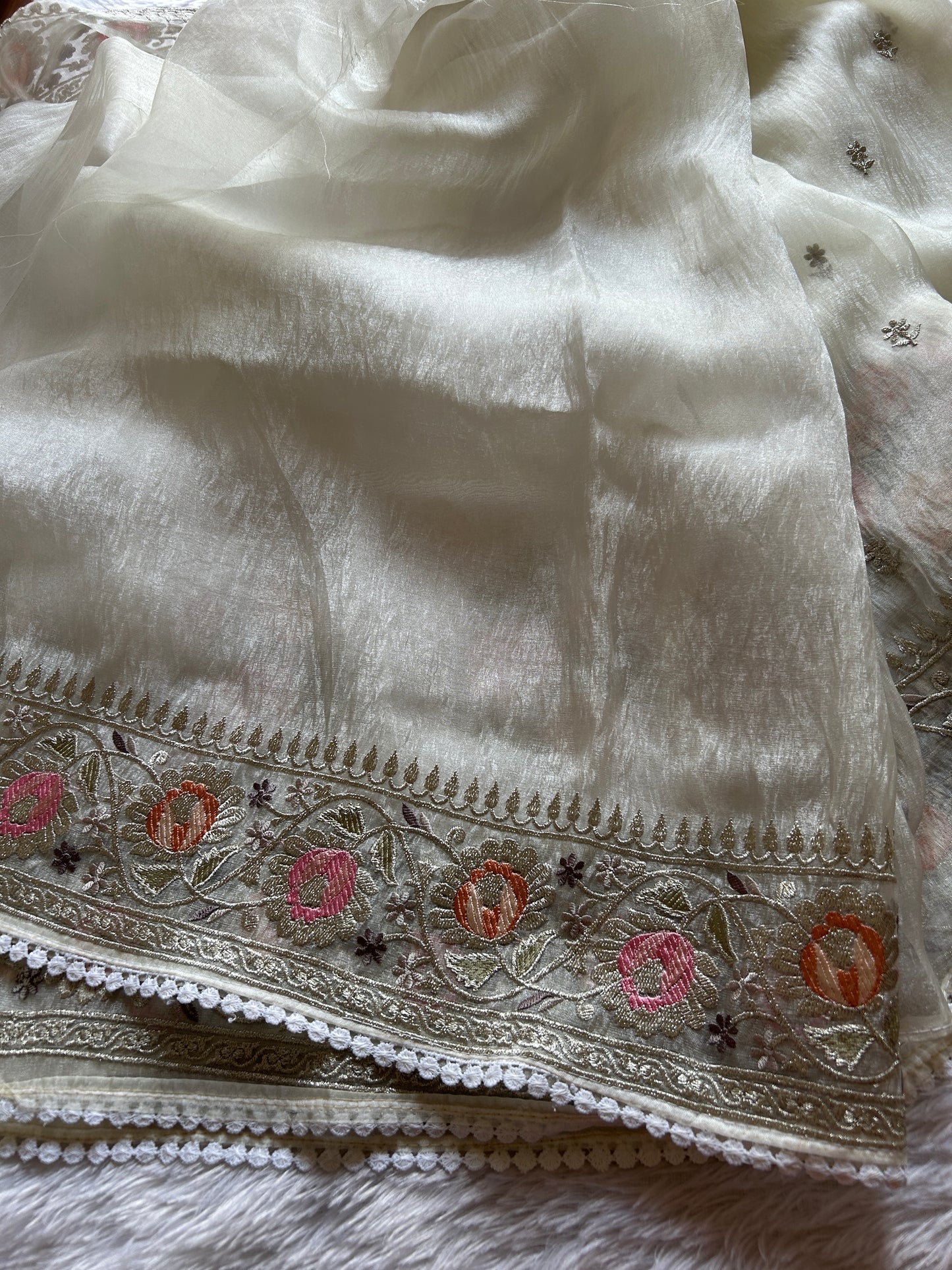 Semi tissue organza-Embroidered- Off white