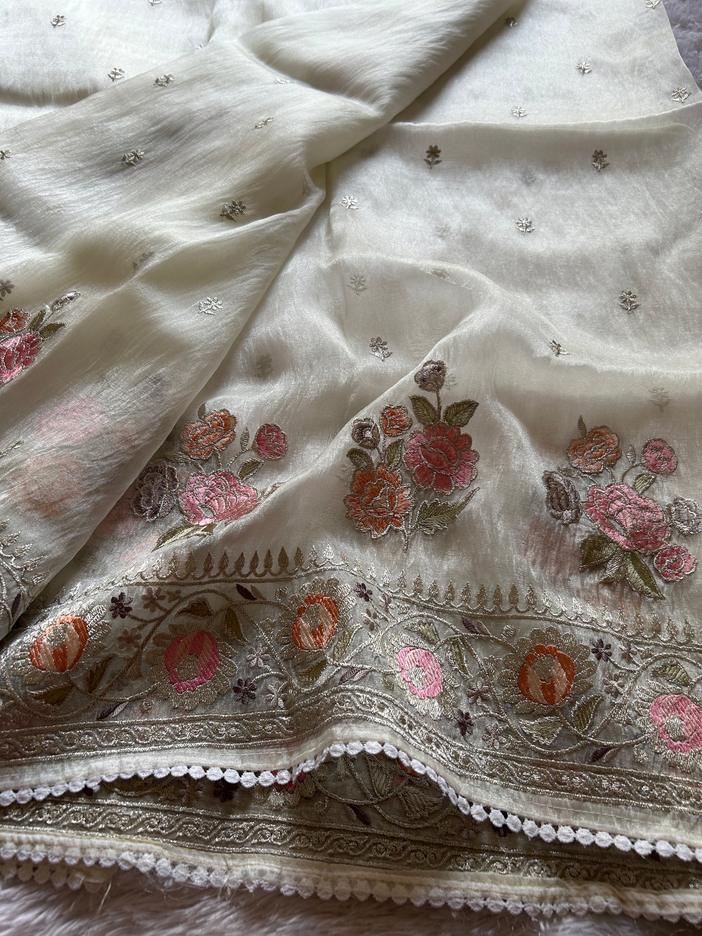 Semi tissue organza-Embroidered- Off white