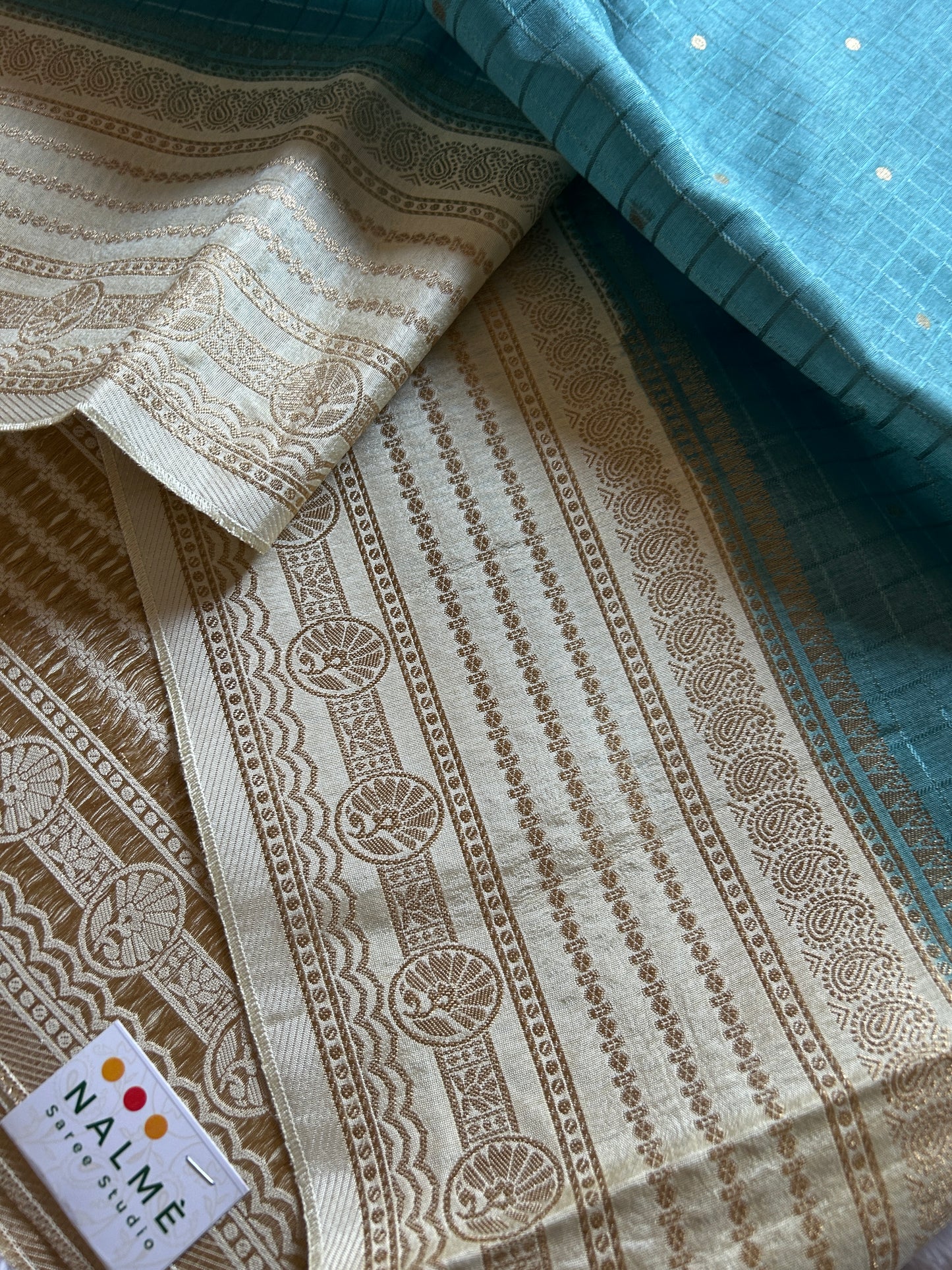 Semi Soft Silk (2D) : Teal blue-off white