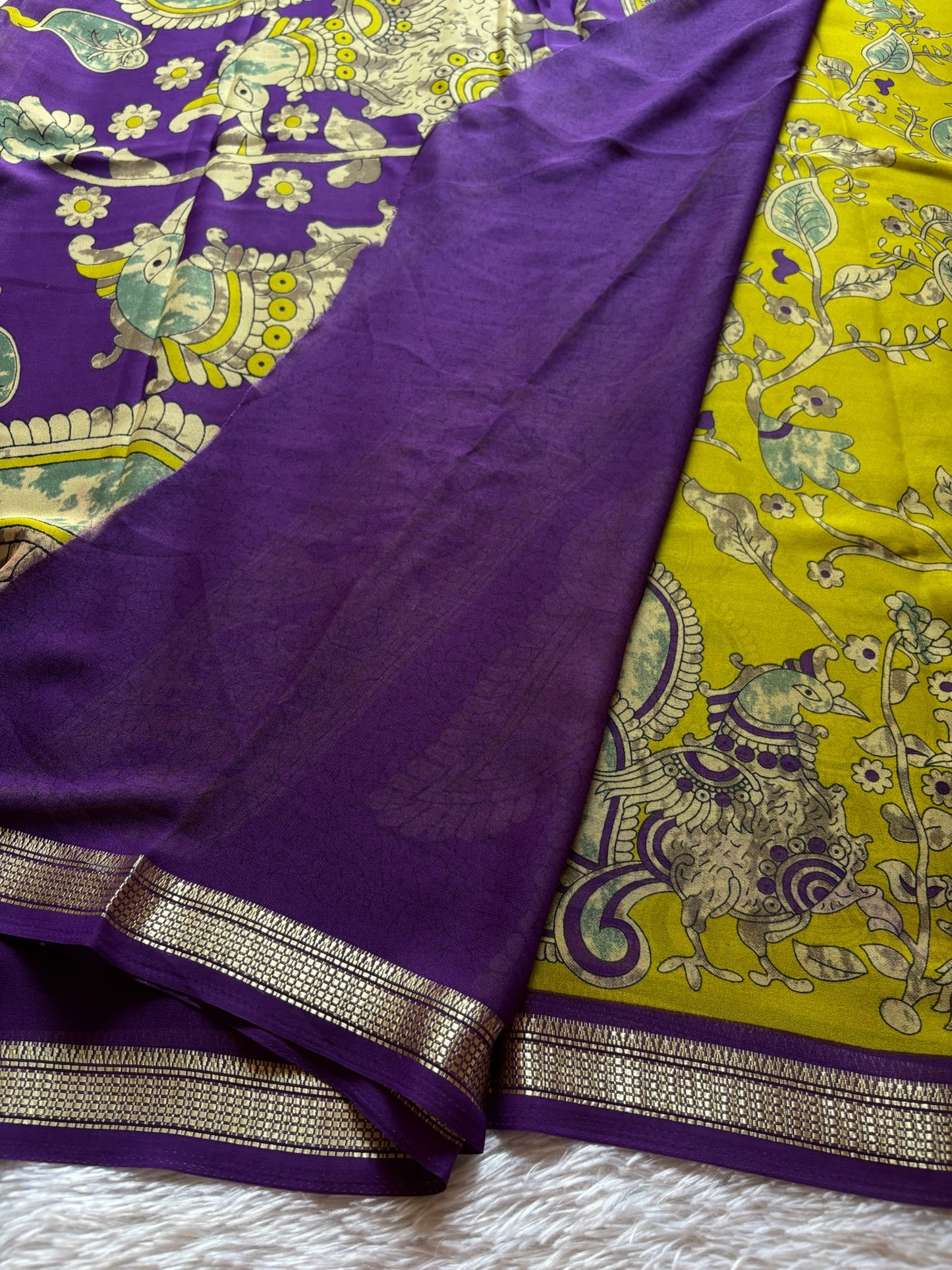 Semi Chiffon Kalamkari : Printed Mehendi green-purple
