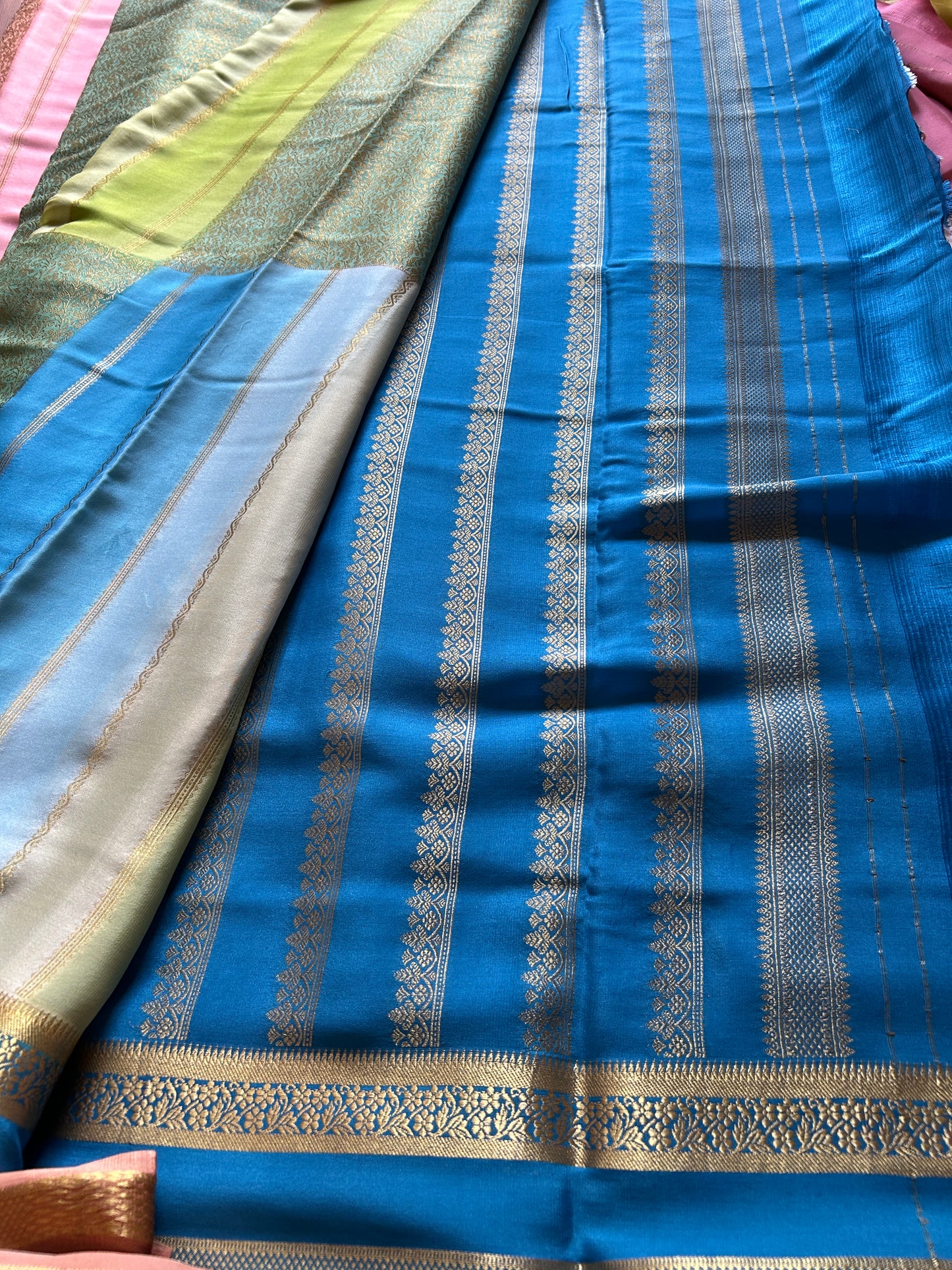 Nisha : Brocade Lime green-ananda blue