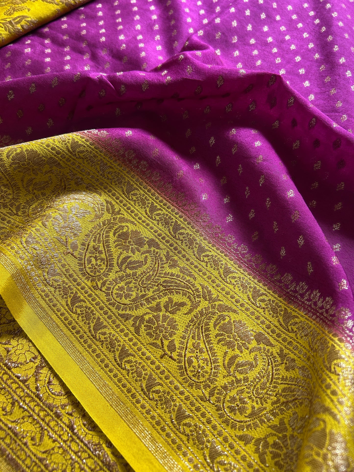 Soft Crepe Banarasi (2D) : Wine-Yellow
