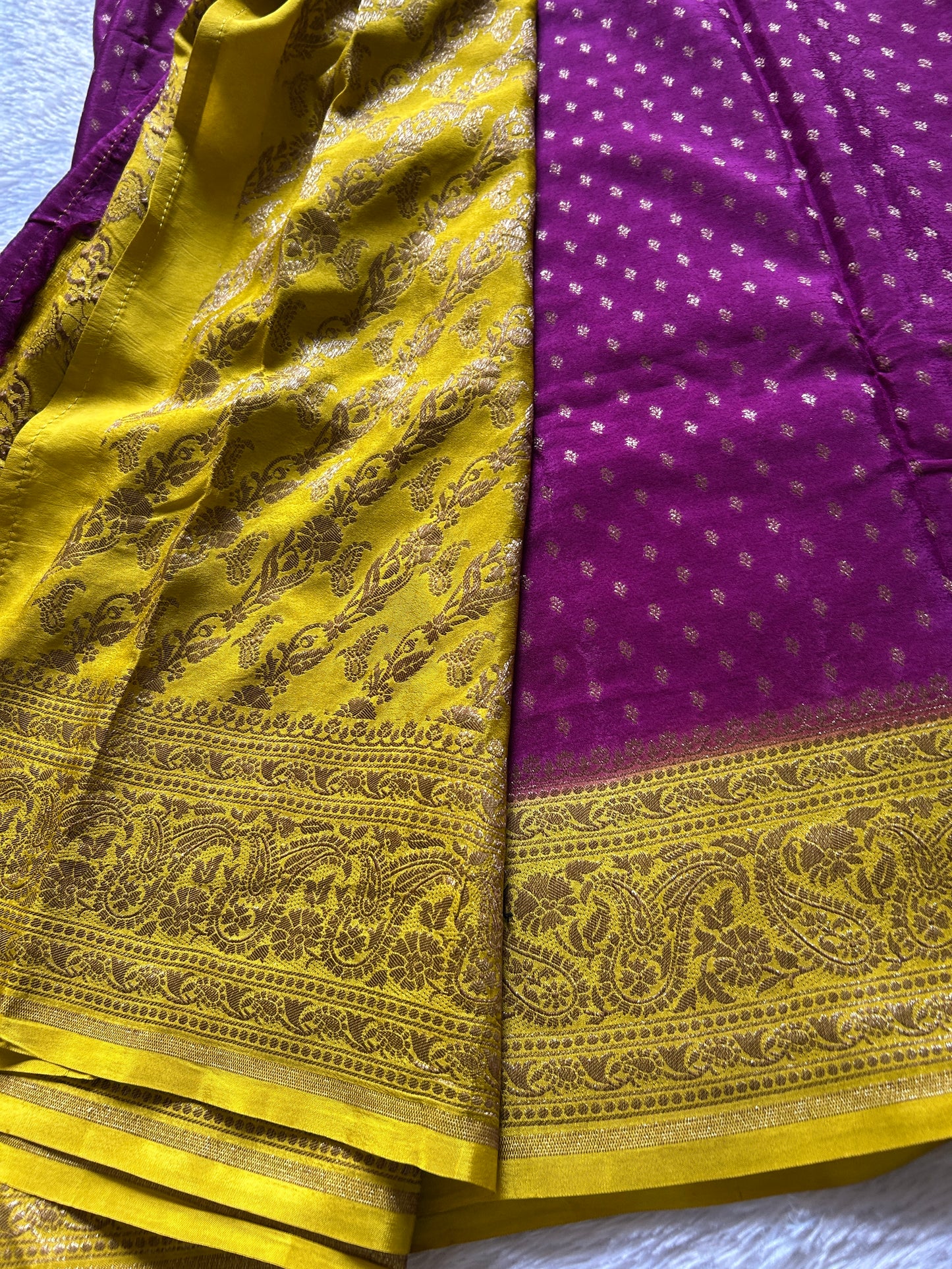 Soft Crepe Banarasi (2D) : Wine-Yellow