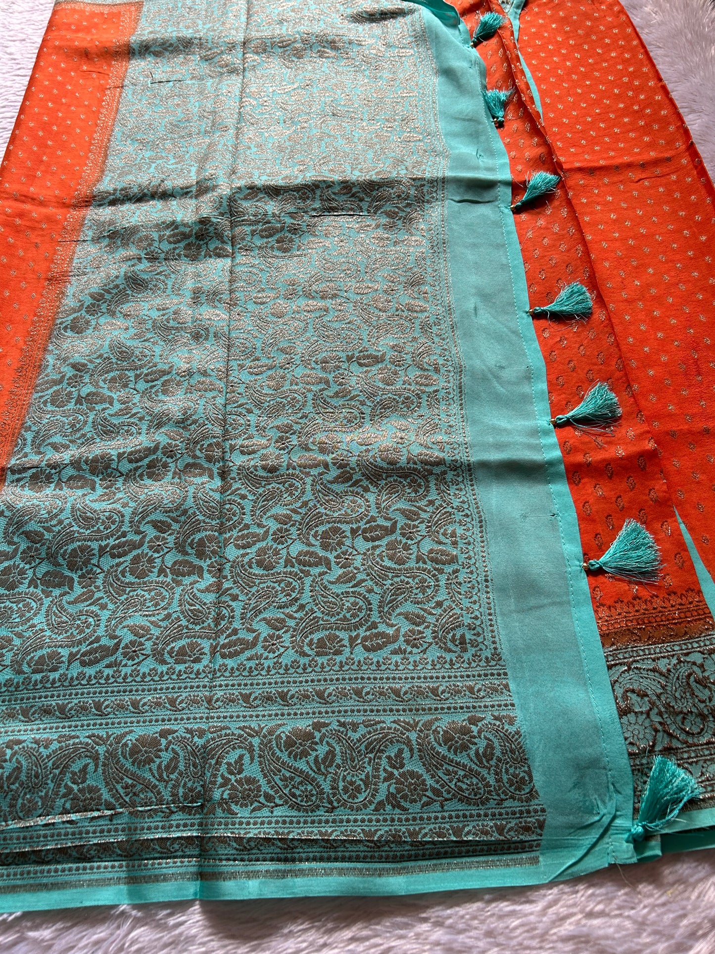 Soft Crepe Banarasi (2D) : Orange-sea green
