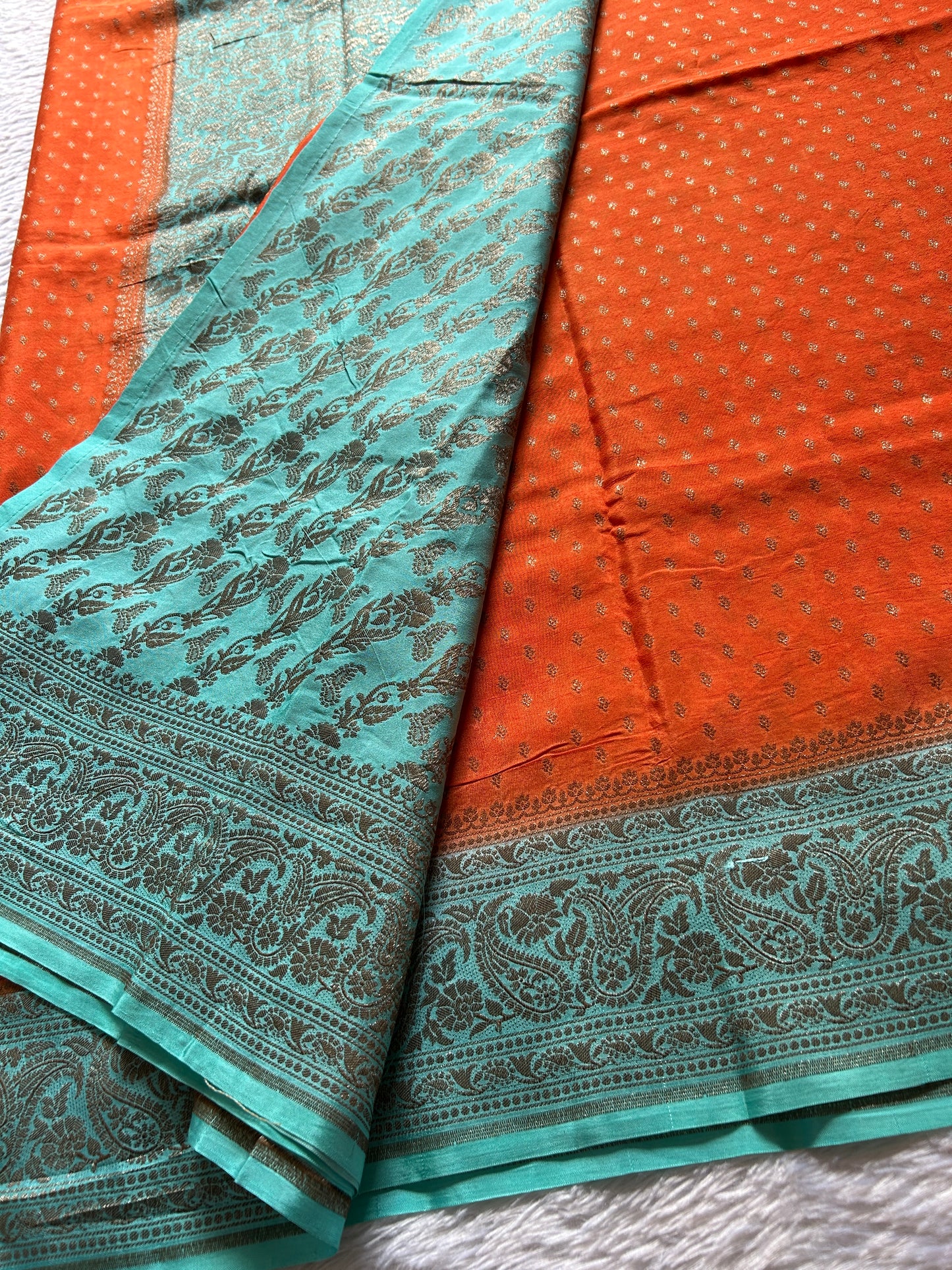 Soft Crepe Banarasi (2D) : Orange-sea green