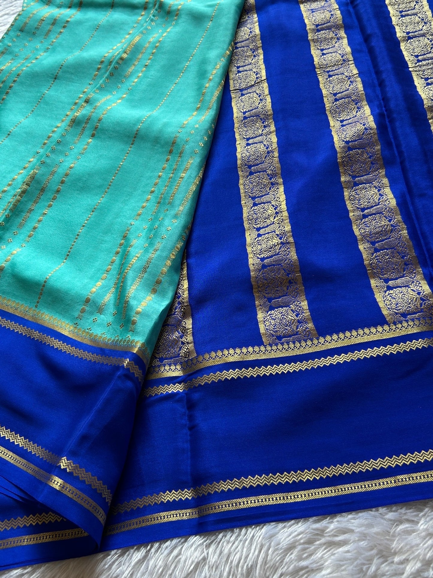 Turquoise-royal blue pure Mysore crepe silk