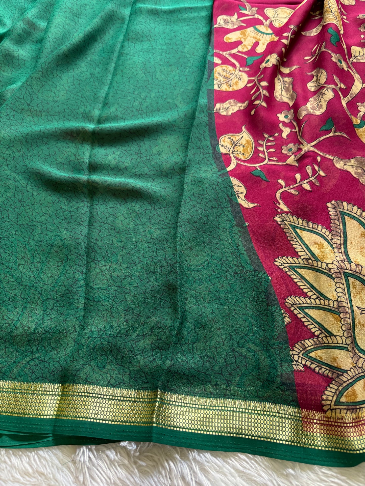 Semi Chiffon Kalamkari : Printed Maroon-bottle green