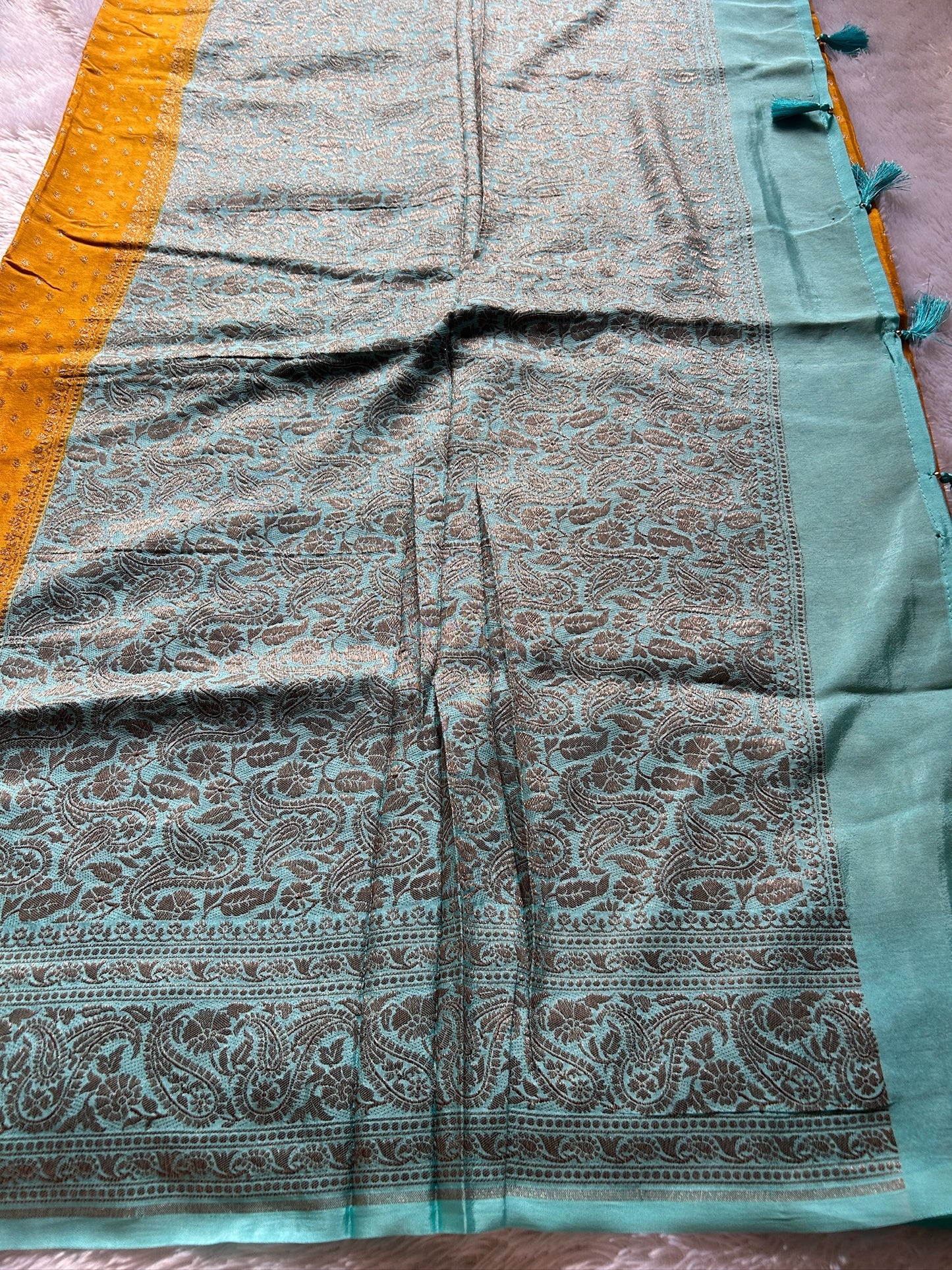 Soft Crepe Banarasi (2D) : Golden yellow - Light turquoise