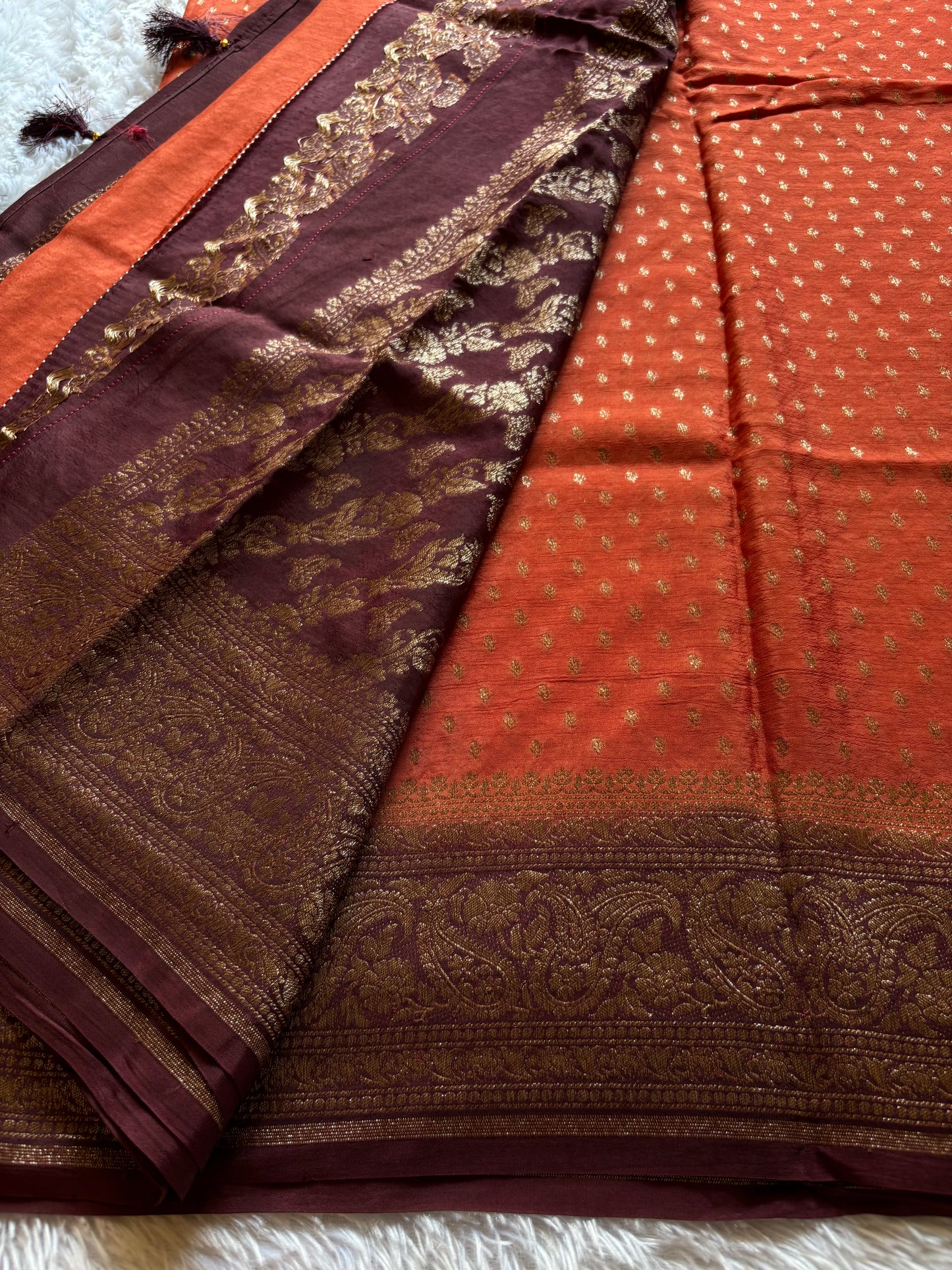 Soft Crepe Banarasi (2D) : Rust Orange- Chocolate Brown