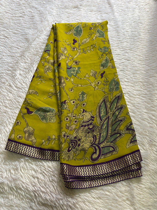 Semi Chiffon Kalamkari : Printed Mehendi green-purple