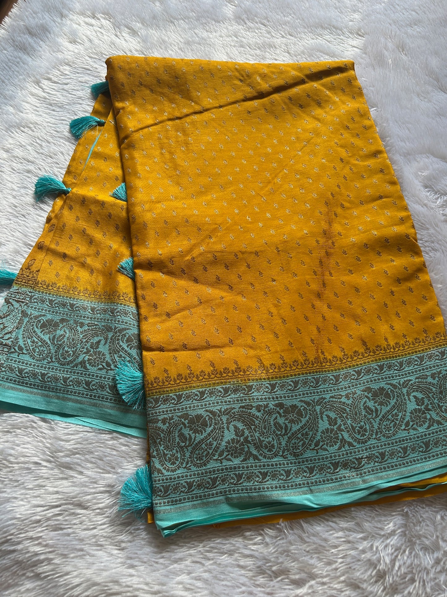 Soft Crepe Banarasi (2D) : Golden yellow - Light turquoise