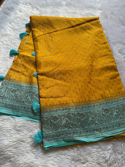 Soft Crepe Banarasi (2D) : Golden yellow - Light turquoise