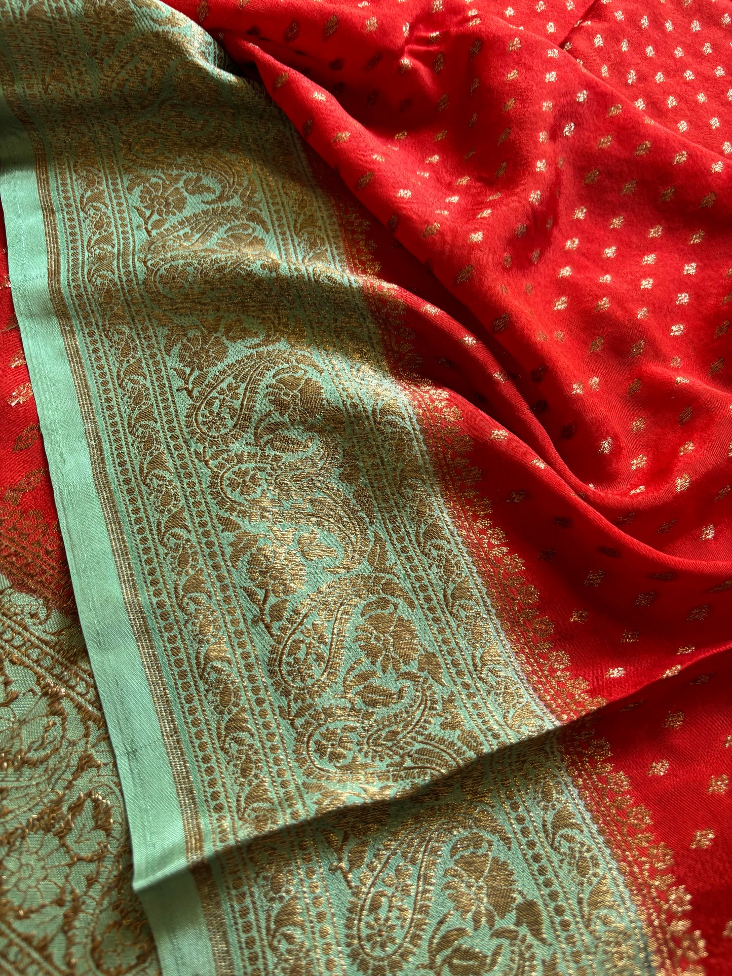 Soft Crepe Banarasi (2D) : Red-Mint green