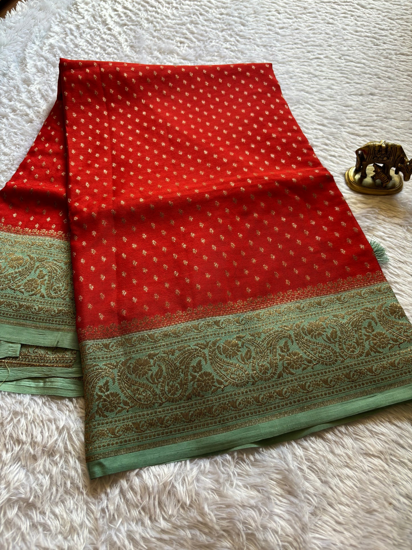Soft Crepe Banarasi (2D) : Red-Mint green