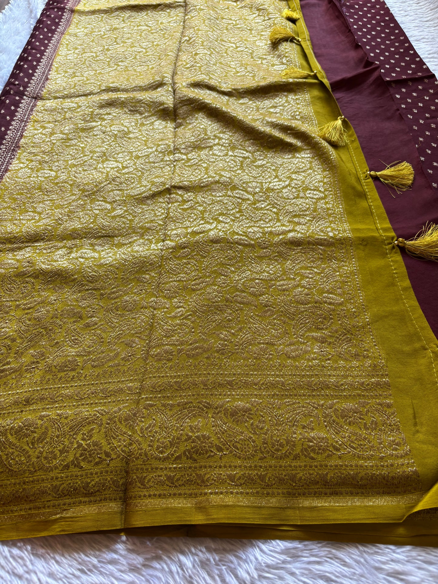 Soft Crepe Banarasi (2D) : Chocolate Brown-Yellow