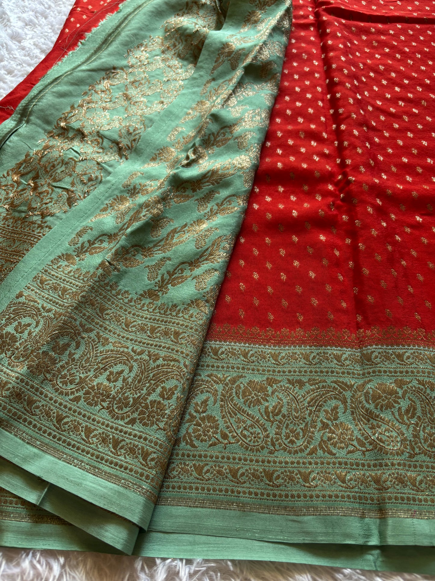 Soft Crepe Banarasi (2D) : Red-Mint green