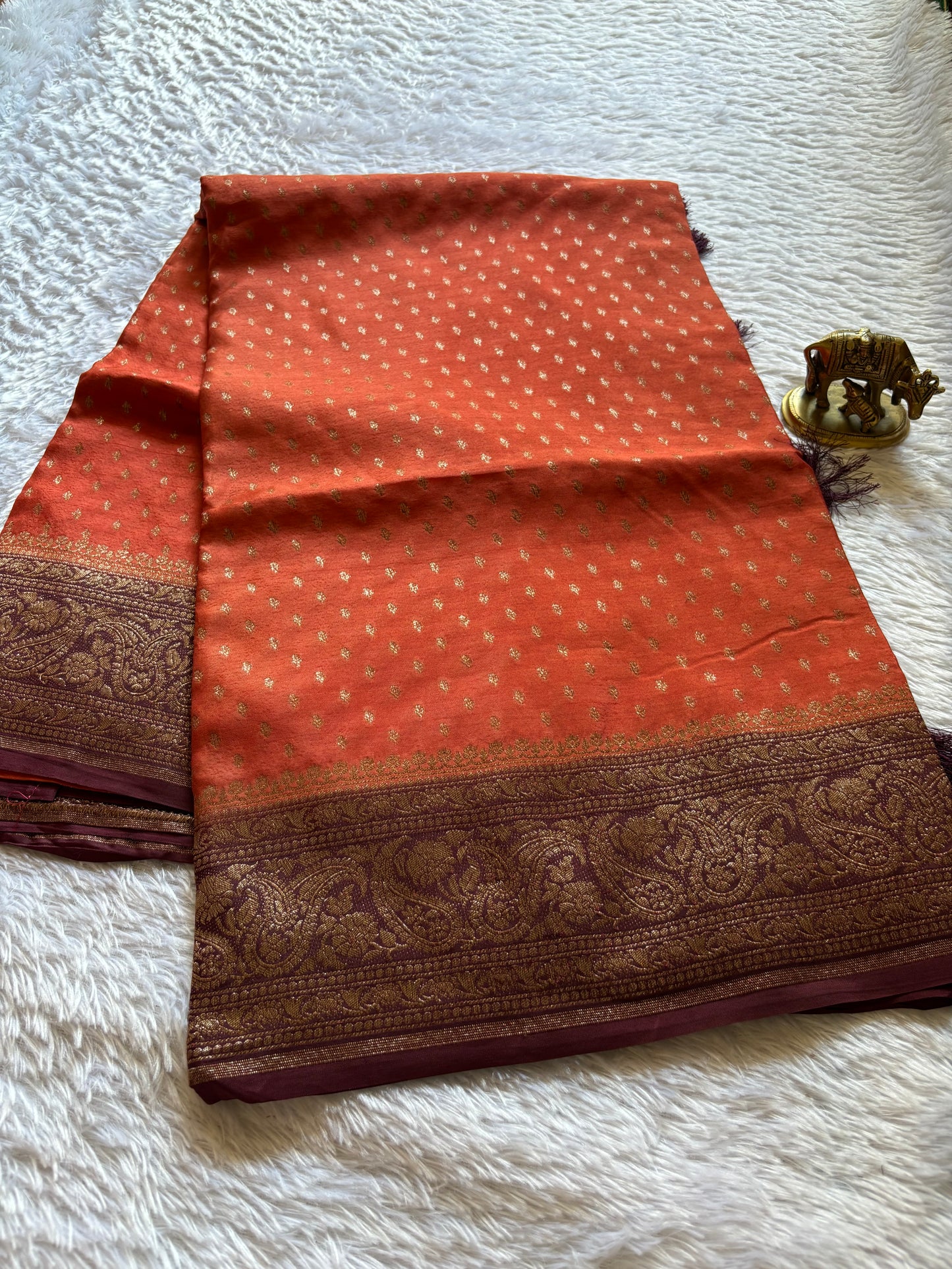 Soft Crepe Banarasi (2D) : Rust Orange- Chocolate Brown