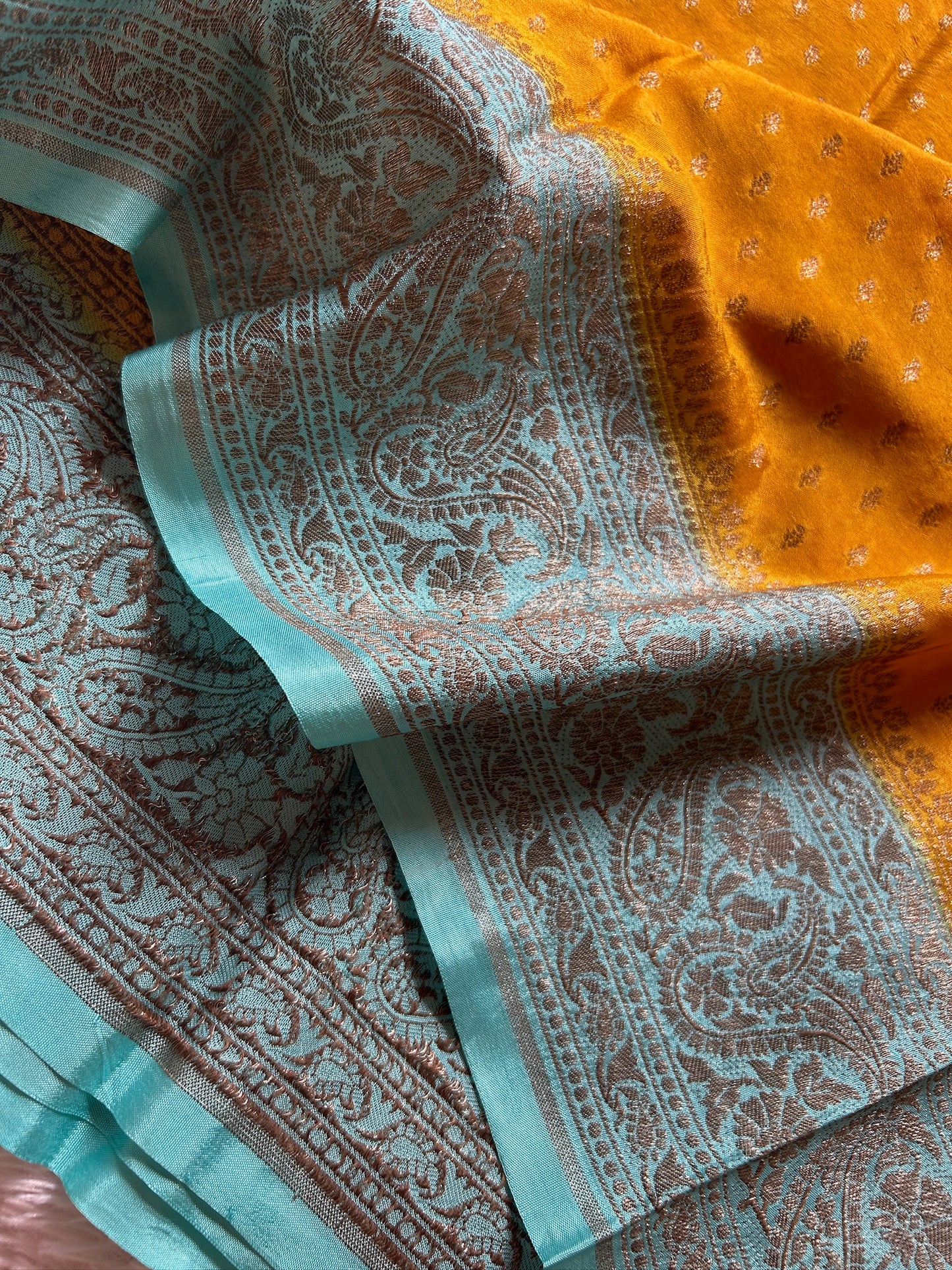 Soft Crepe Banarasi (2D) : Golden yellow - Light turquoise