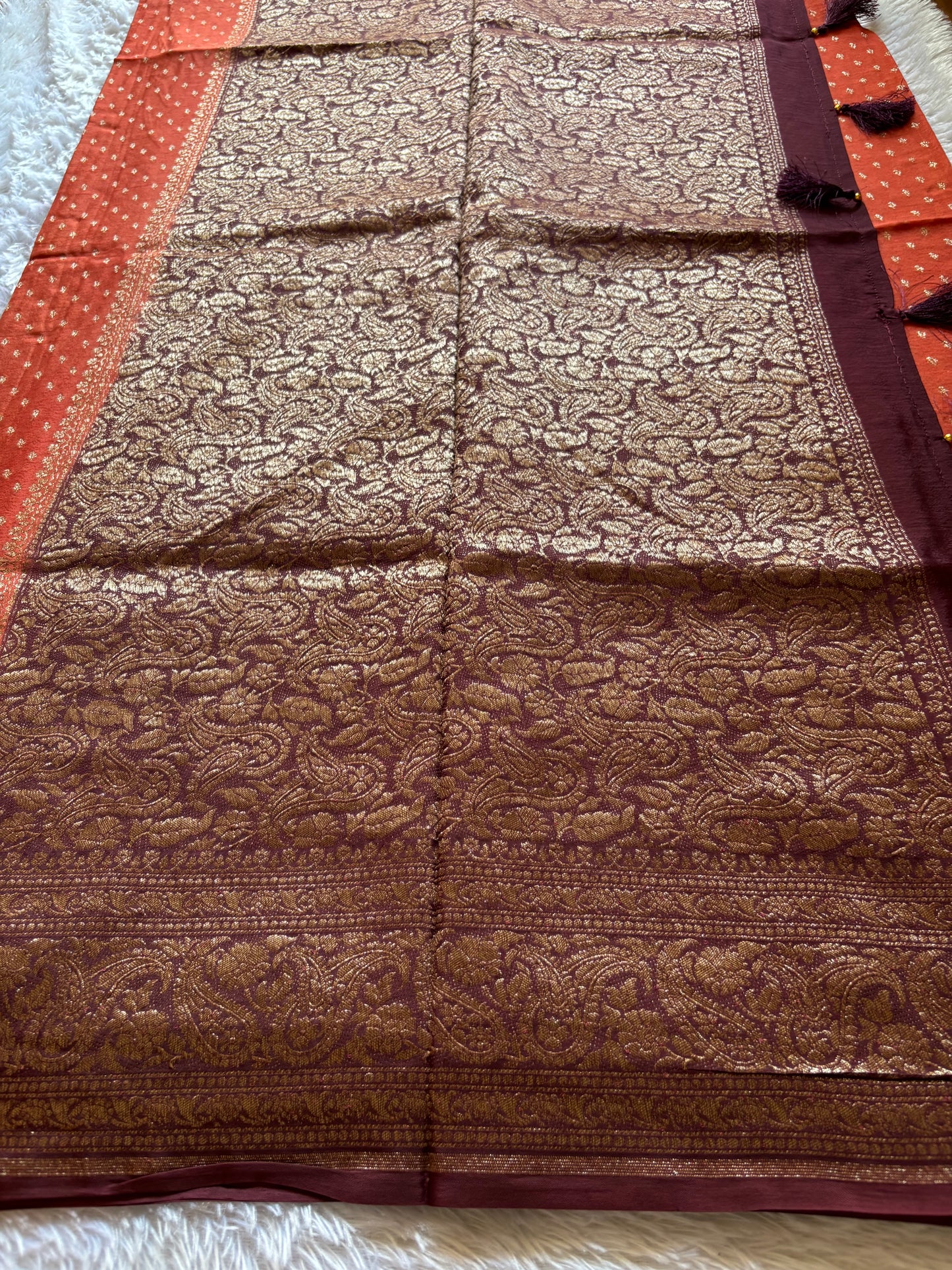 Soft Crepe Banarasi (2D) : Rust Orange- Chocolate Brown