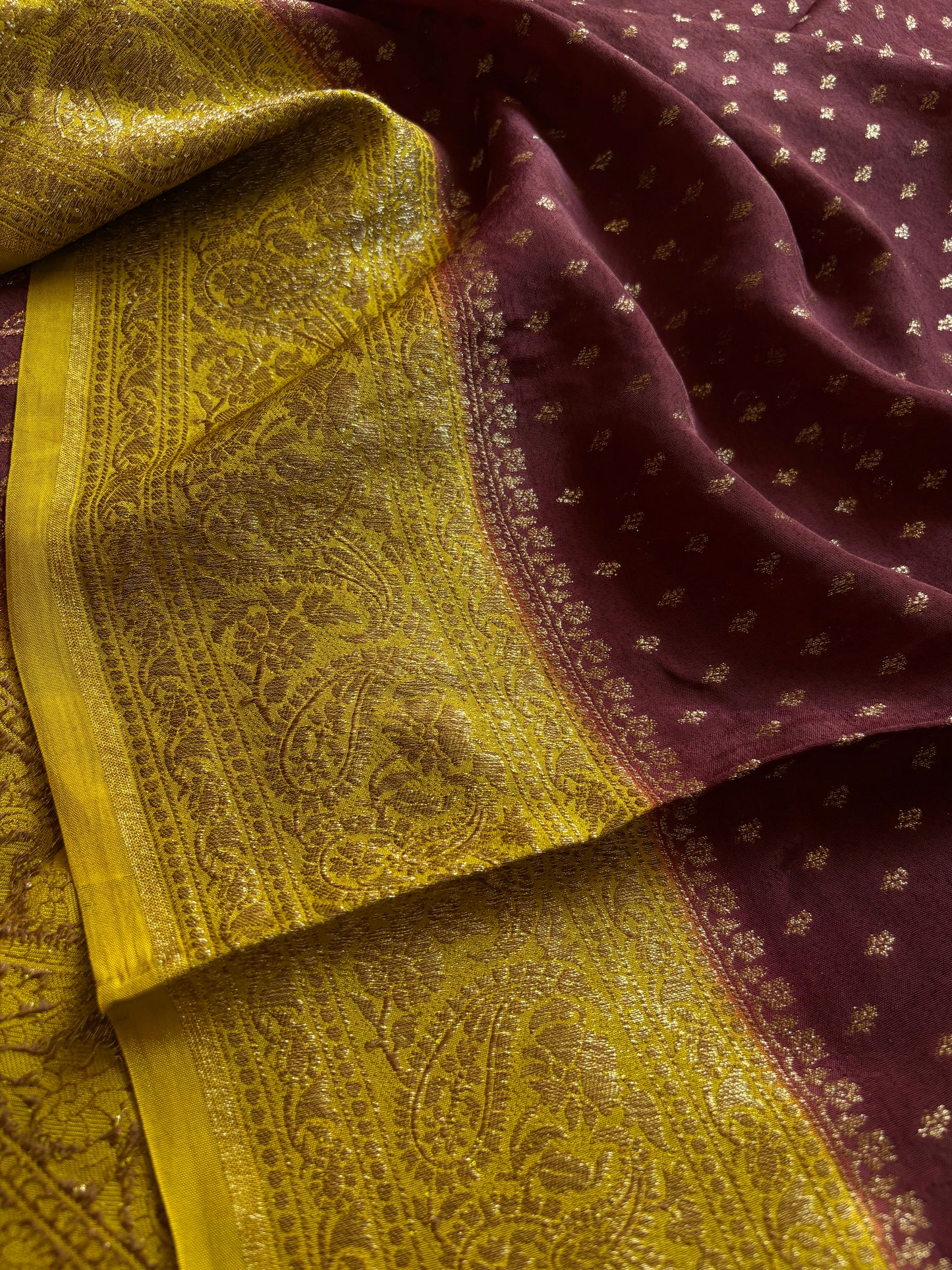 Soft Crepe Banarasi (2D) : Chocolate Brown-Yellow