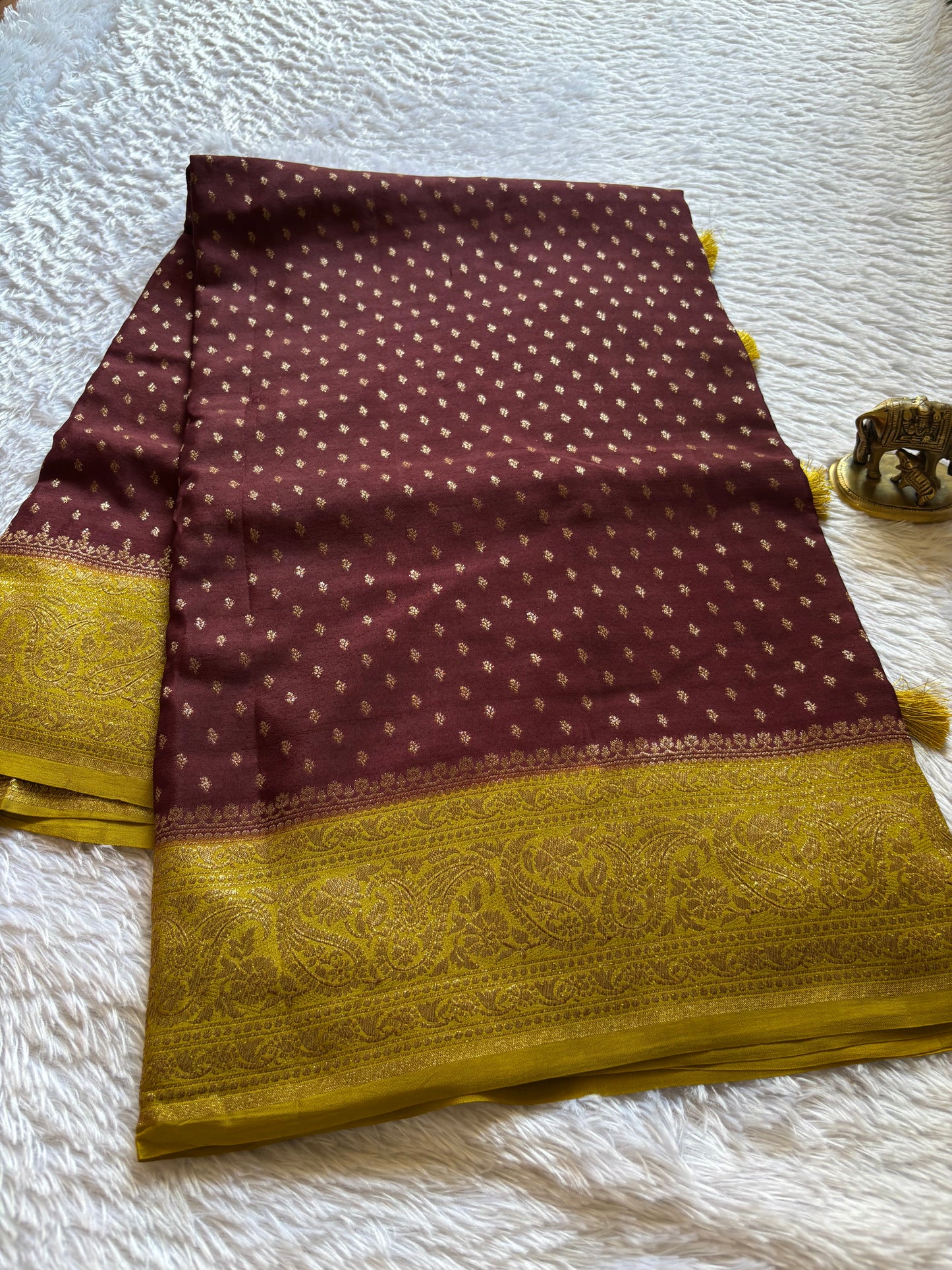 Soft Crepe Banarasi (2D) : Chocolate Brown-Yellow