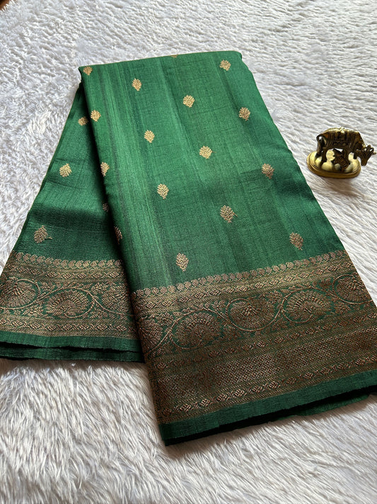 Banarasi Raw Tussar : Solid Bottle green