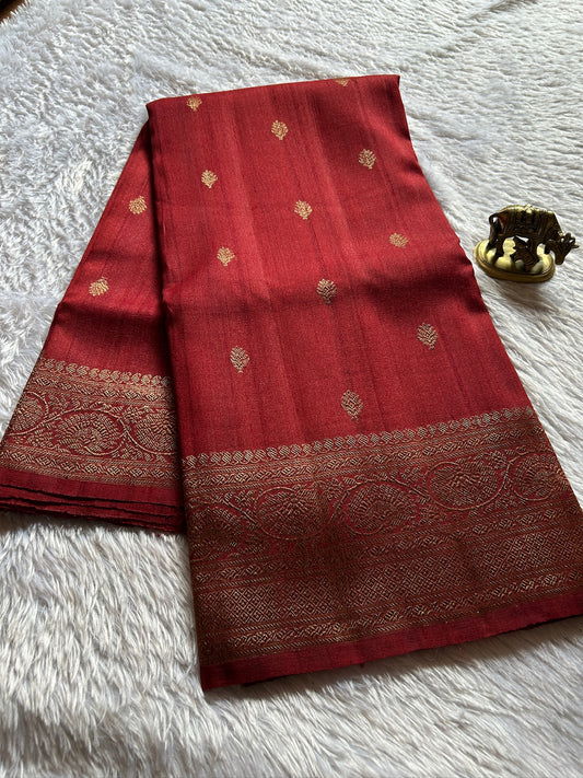 Banarasi Raw Tussar : Solid Watermelon red