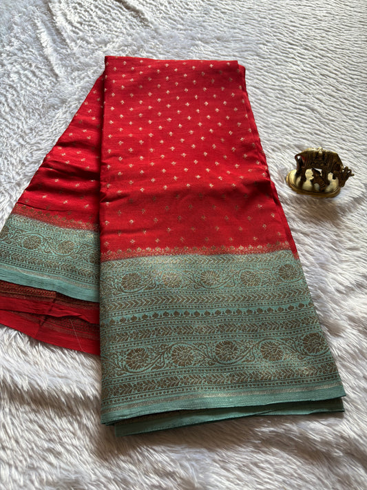 Soft Crepe Banarasi (2D) : Red-mint green