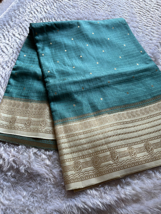 Semi Soft Silk (2D) : Teal blue-off white