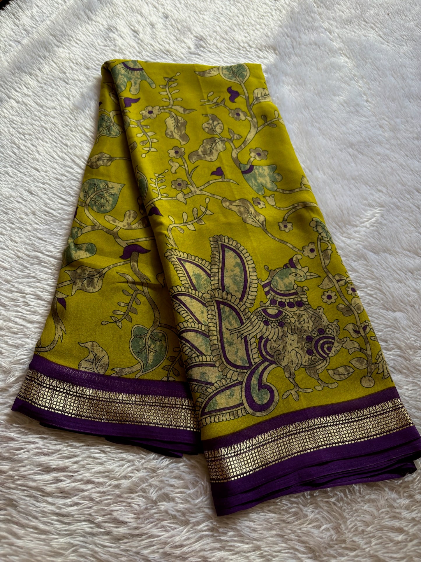 Semi Chiffon Kalamkari : Printed Mehendi green-purple