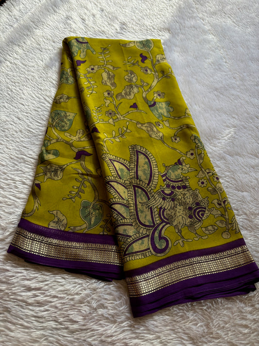 Semi Chiffon Kalamkari : Printed Mehendi green-purple
