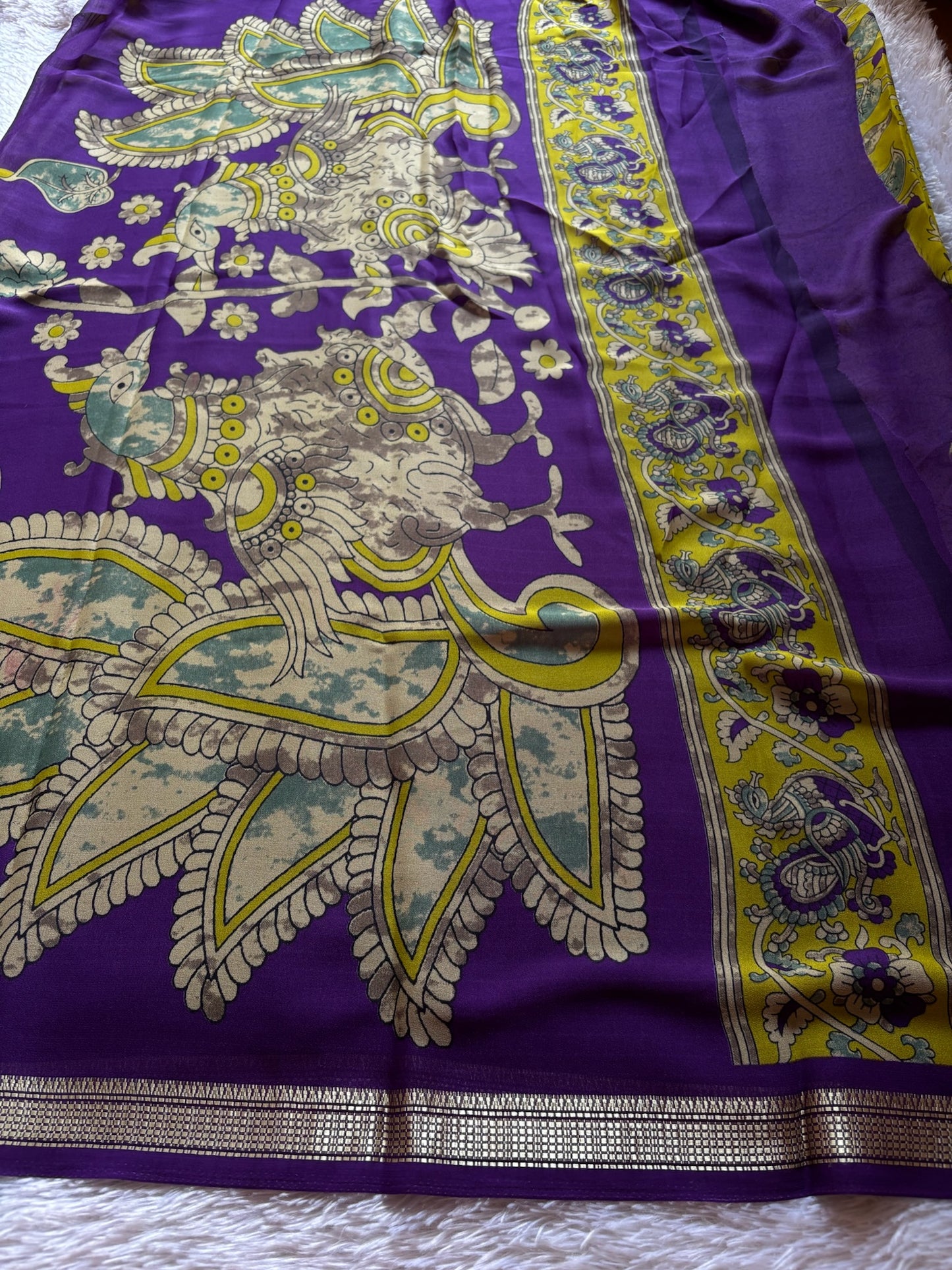 Semi Chiffon Kalamkari : Printed Mehendi green-purple