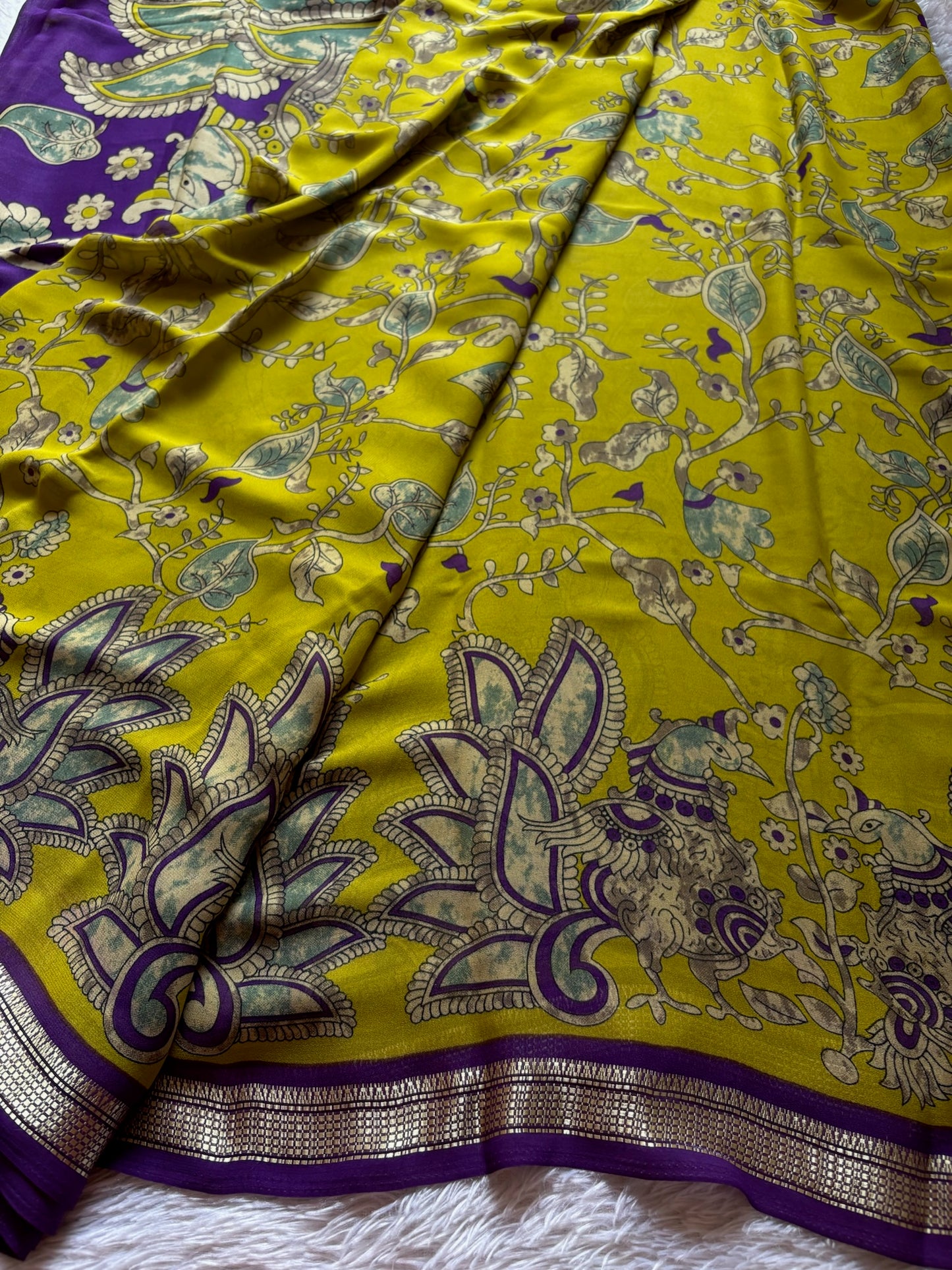 Semi Chiffon Kalamkari : Printed Mehendi green-purple