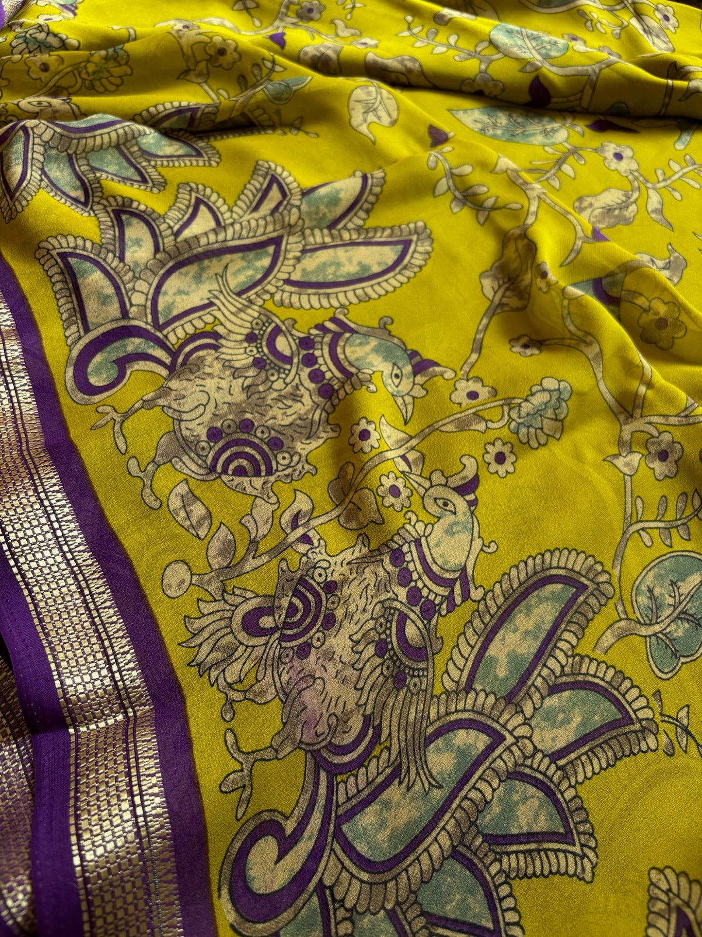Semi Chiffon Kalamkari : Printed Mehendi green-purple