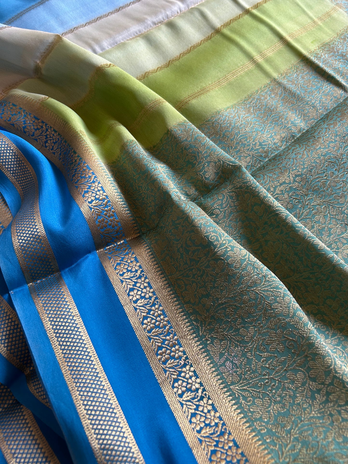 Nisha : Brocade Lime green-ananda blue