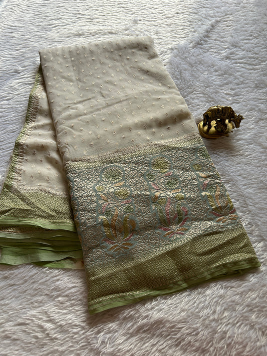 Pure Chiffon Georgette (2D) : Off white-pista green