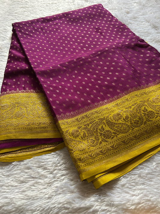 Soft Crepe Banarasi (2D) : Wine-Yellow