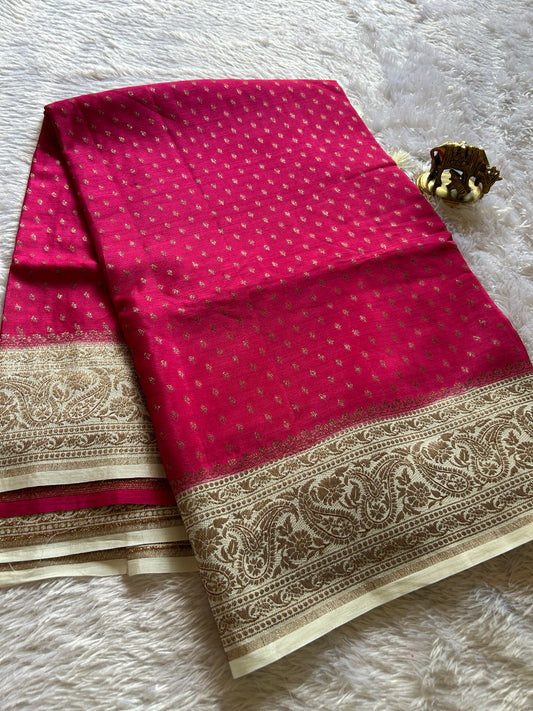 Soft Crepe Banarasi (2D) : Pink-off white