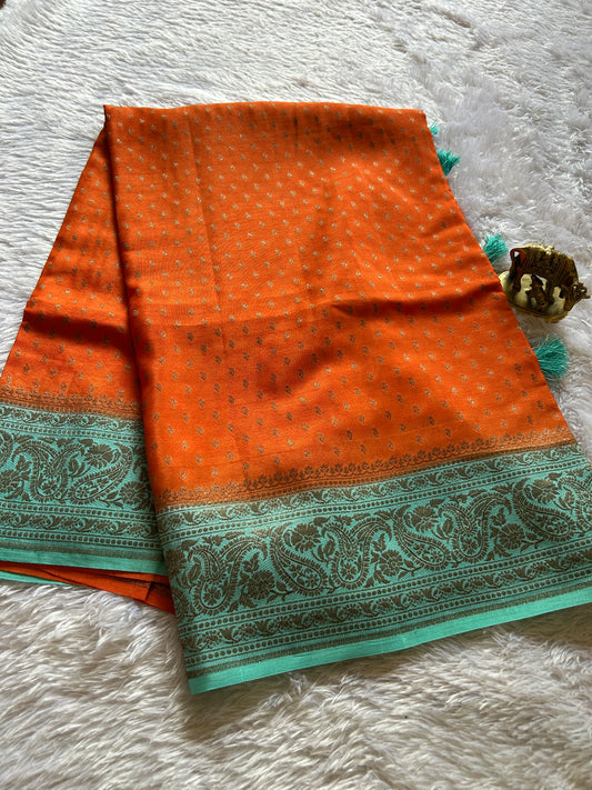 Soft Crepe Banarasi (2D) : Orange-sea green