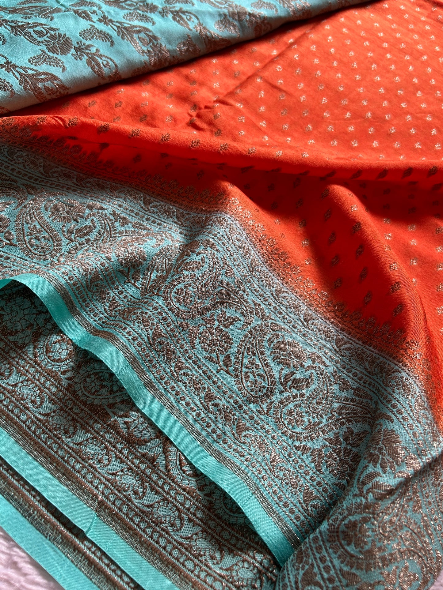 Soft Crepe Banarasi (2D) : Orange-sea green
