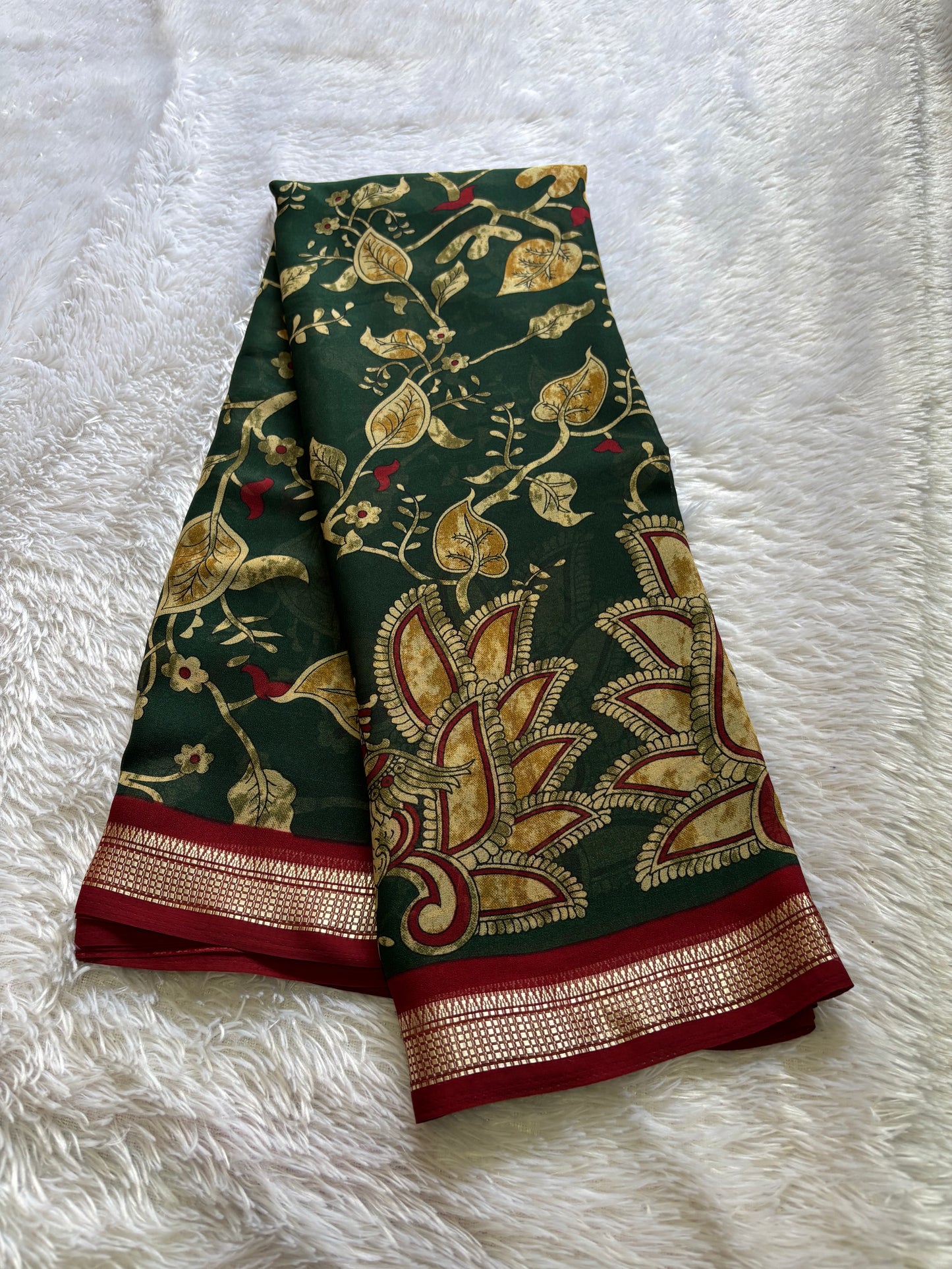 Semi Chiffon Kalamkari : Printed Dark green-maroon