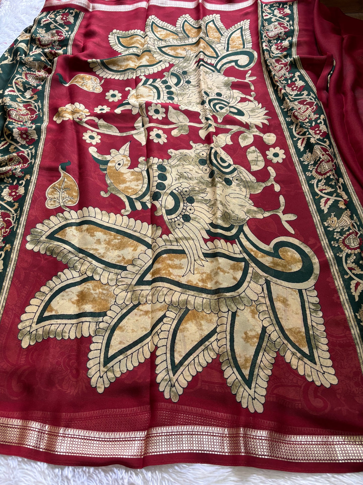 Semi Chiffon Kalamkari : Printed Dark green-maroon
